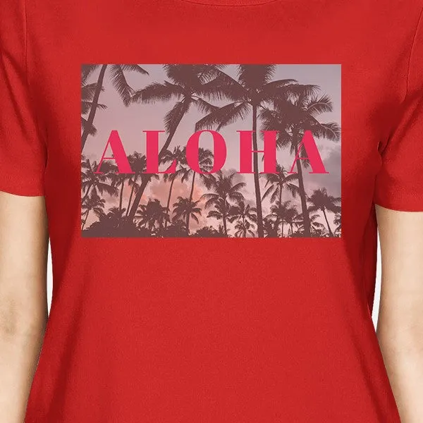 Aloha Hawaii Theme Womens Red Crewneck Short Sleeve Tee Summer Top