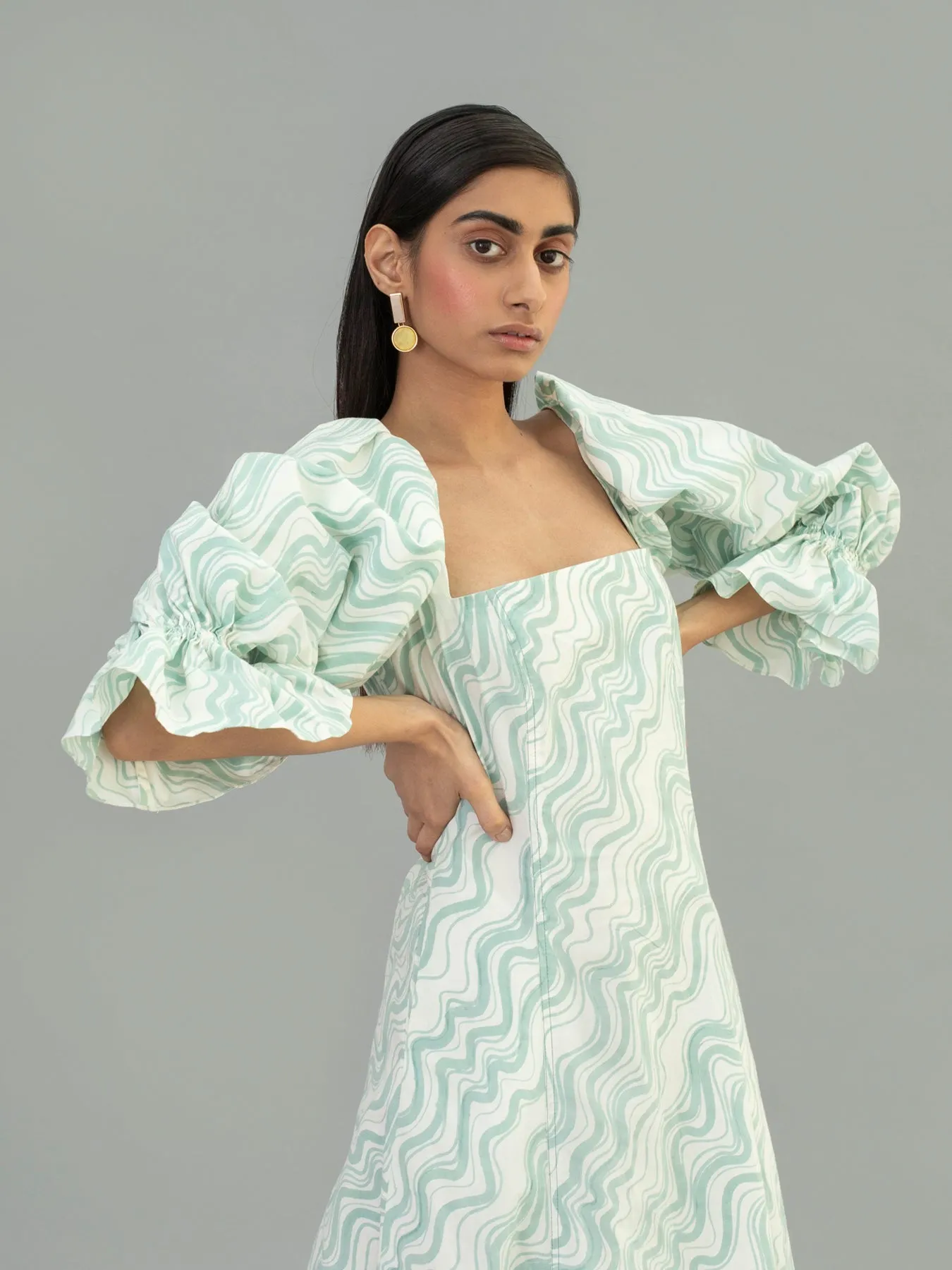 Aqua Puff Sleeve Dress, Wave Print