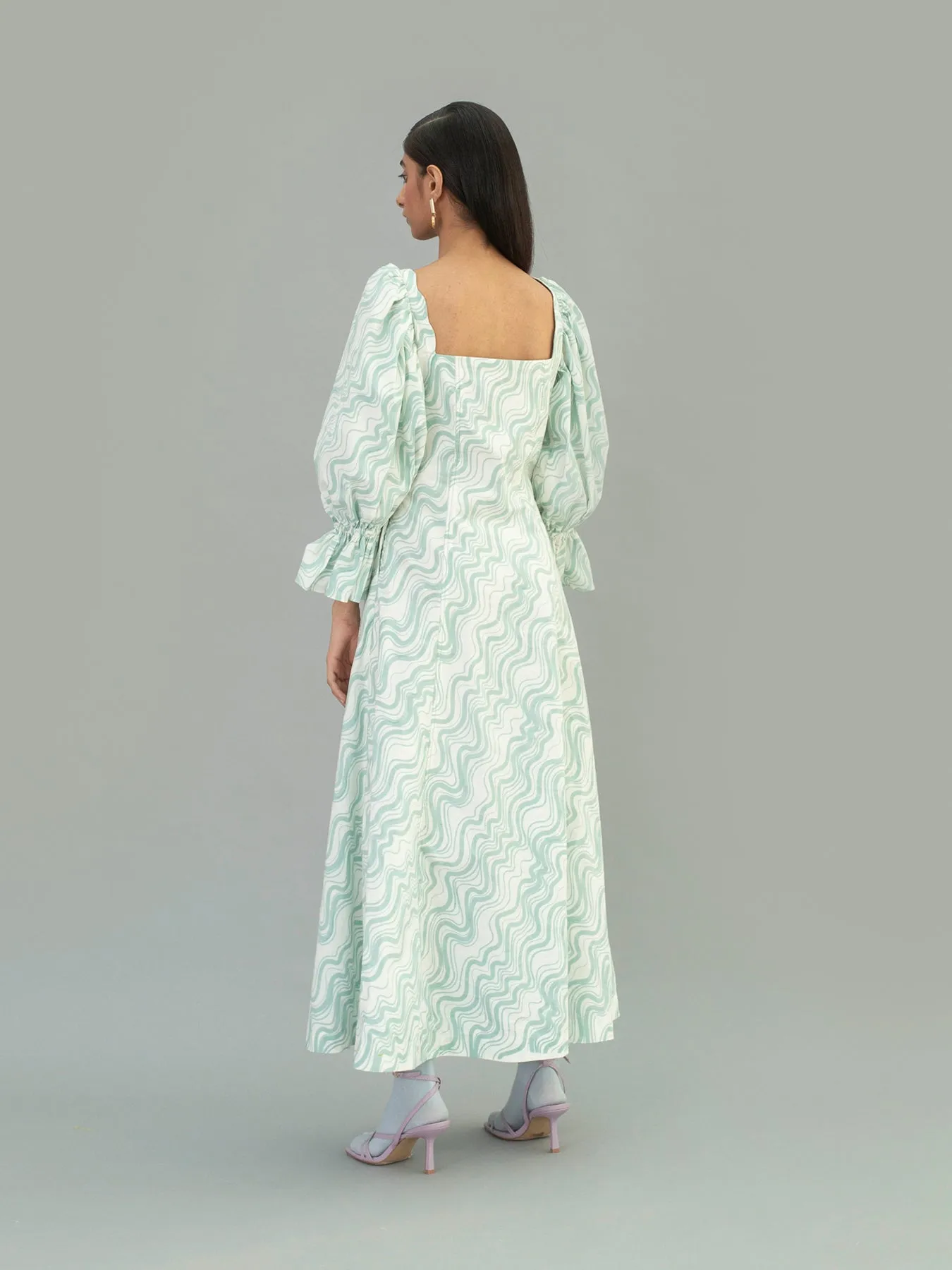 Aqua Puff Sleeve Dress, Wave Print