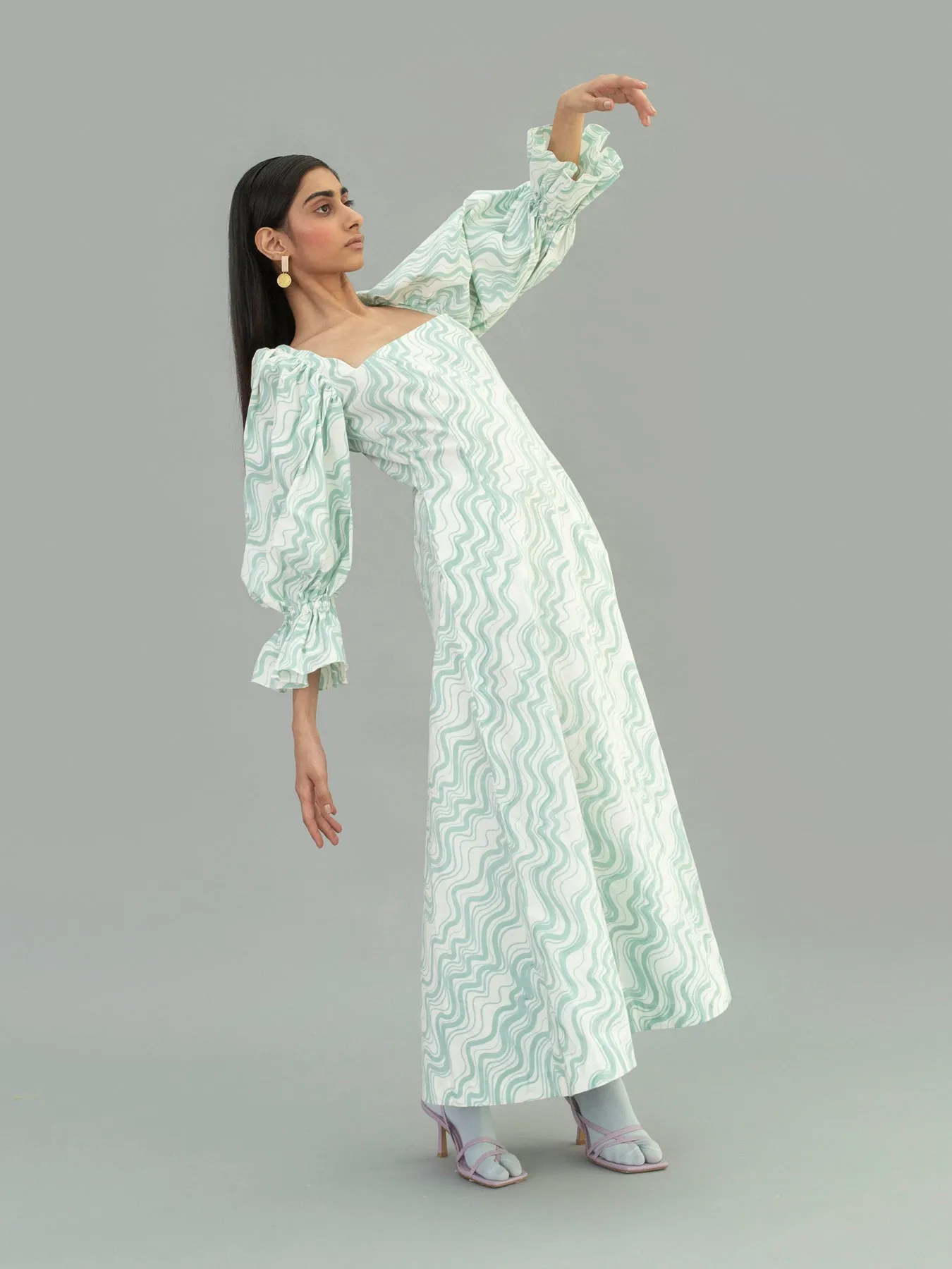 Aqua Puff Sleeve Dress, Wave Print