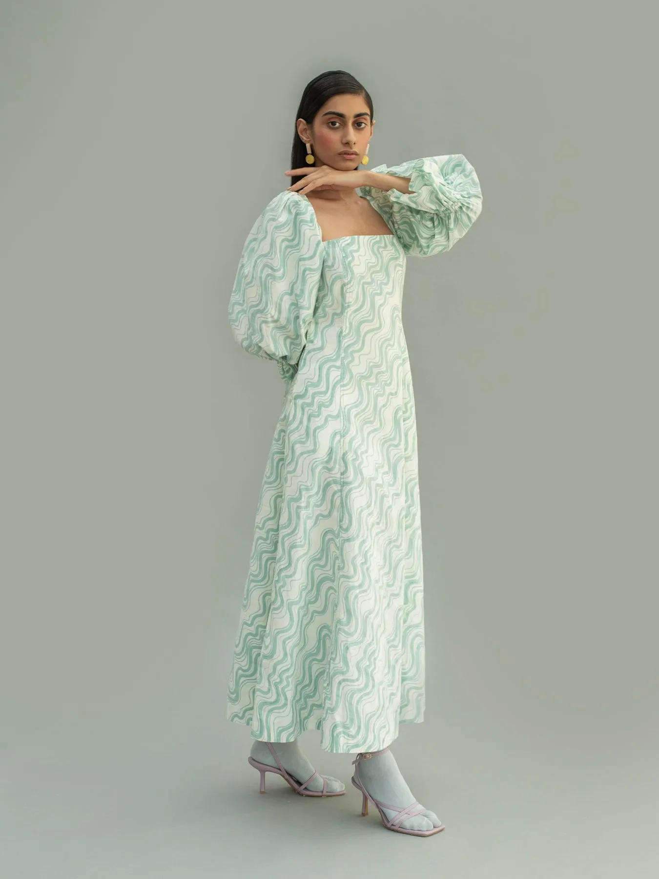 Aqua Puff Sleeve Dress, Wave Print