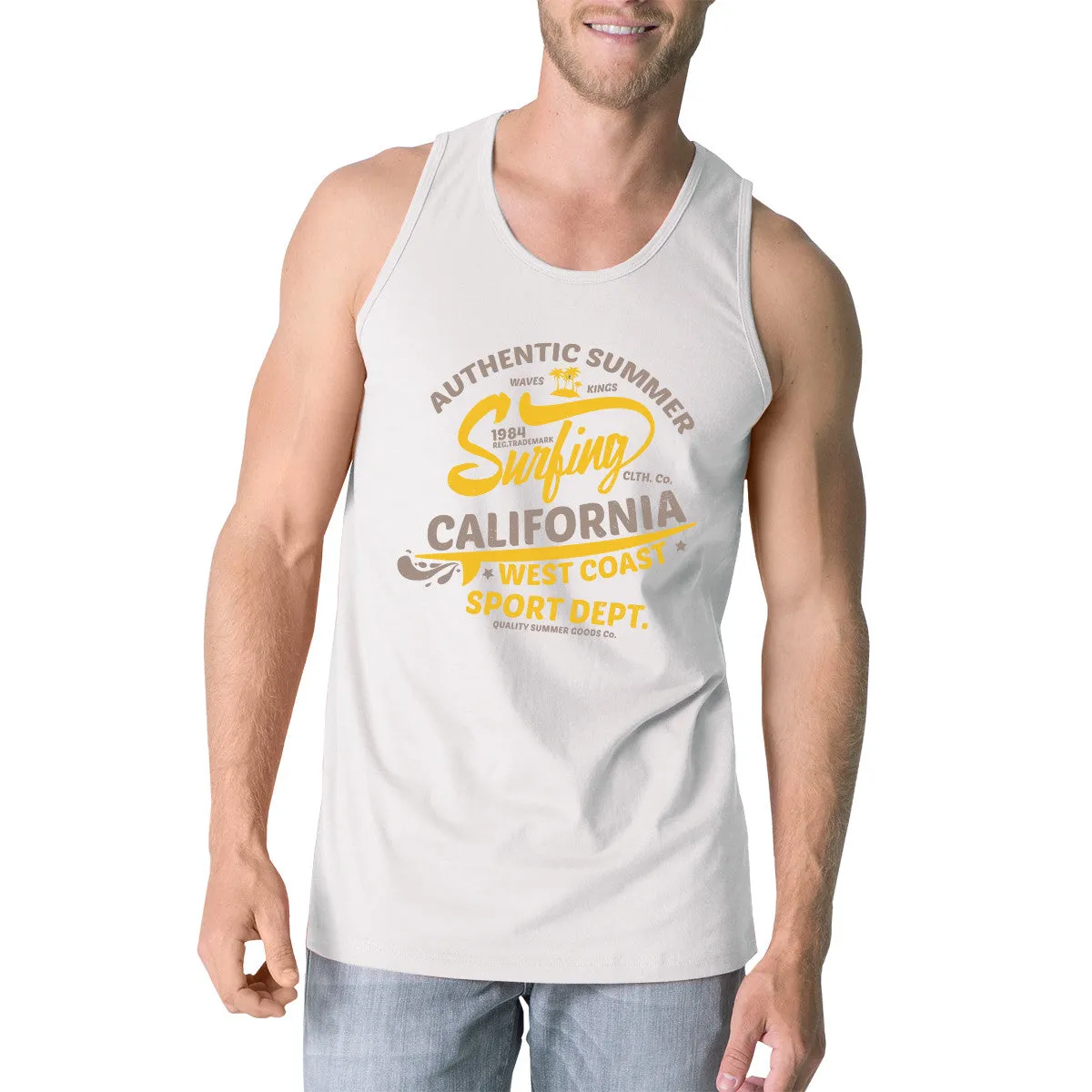 Authentic Summer Surfing California Mens White Tank Top