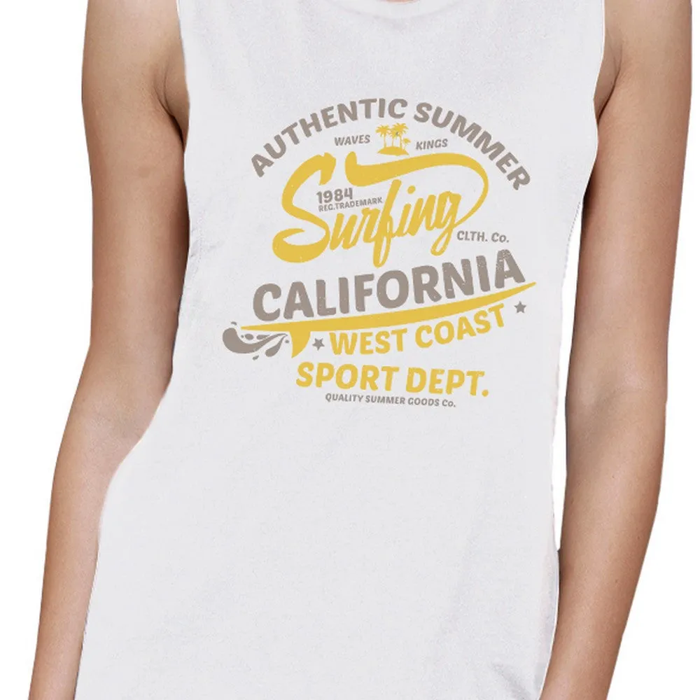 Authentic Summer Surfing California Womens White Muscle Top