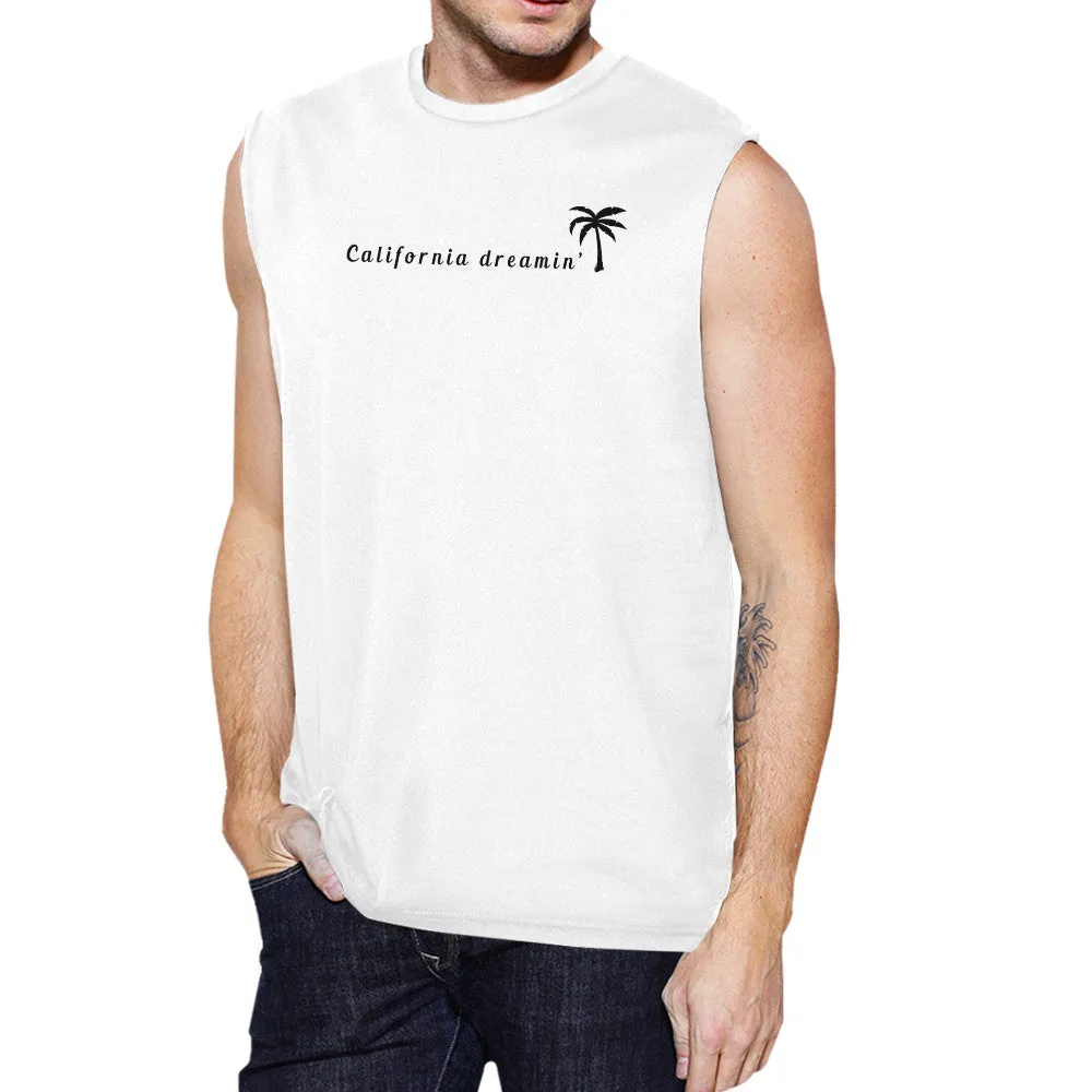 California Dreaming Mens White Sleeveless Summer Muscle Tee Cotton