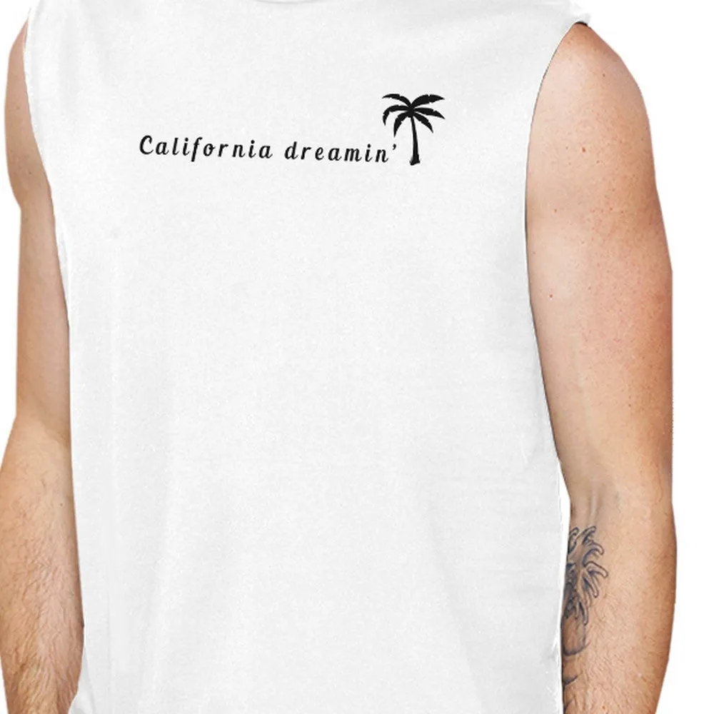 California Dreaming Mens White Sleeveless Summer Muscle Tee Cotton