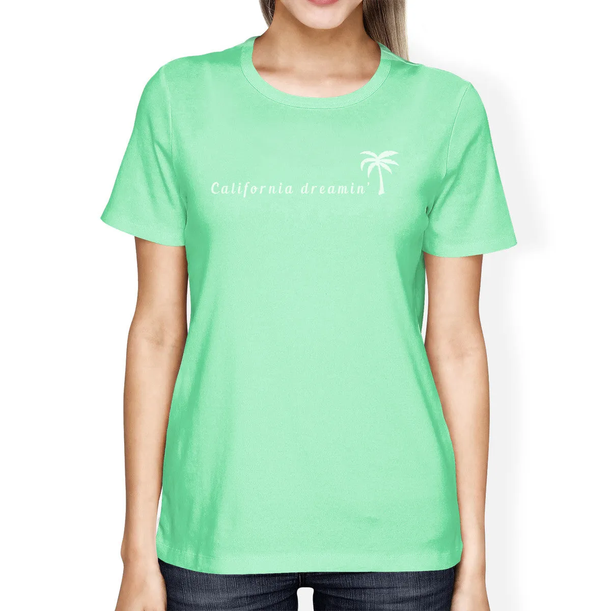 California Dreaming Womens Mint Cute Palm Tree Design Summer Shirt