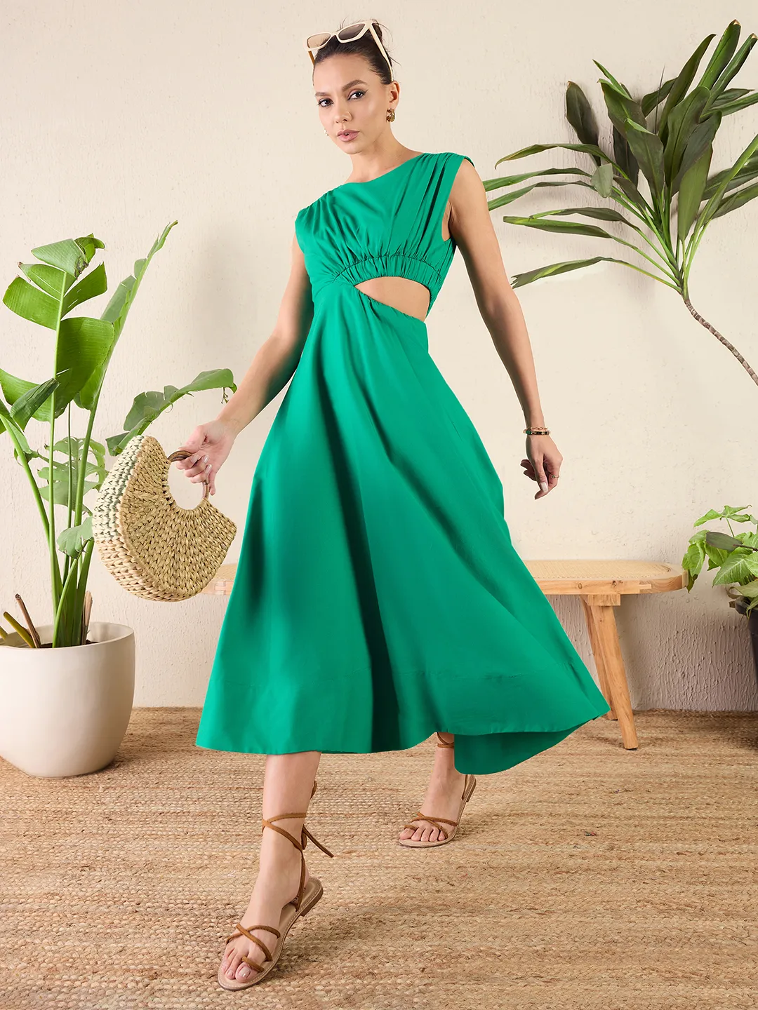 Cotton Poplin Side Cut-Out Sleeveless Midi Dress