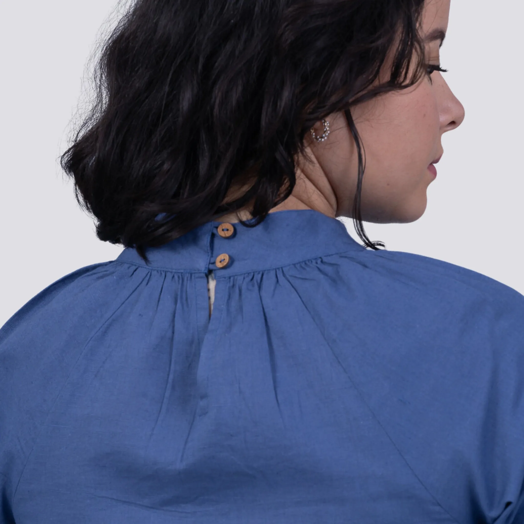 Embrace Tranquil Elegance: Bio Blue 3/4 Sleeve Linen Top