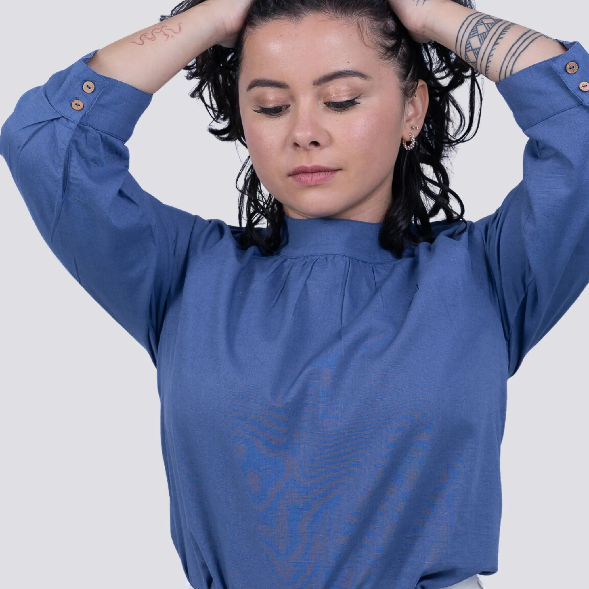 Embrace Tranquil Elegance: Bio Blue 3/4 Sleeve Linen Top