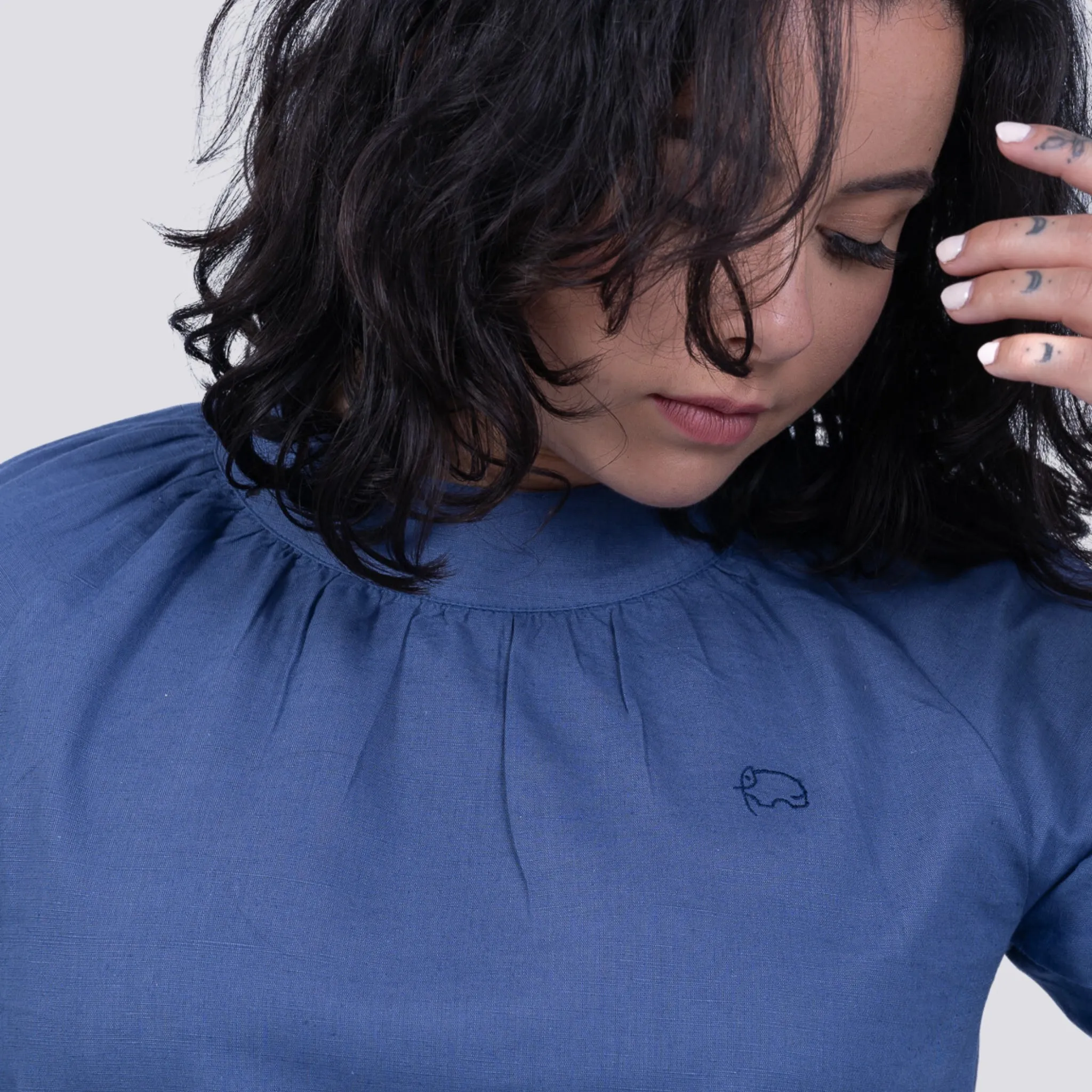 Embrace Tranquil Elegance: Bio Blue 3/4 Sleeve Linen Top