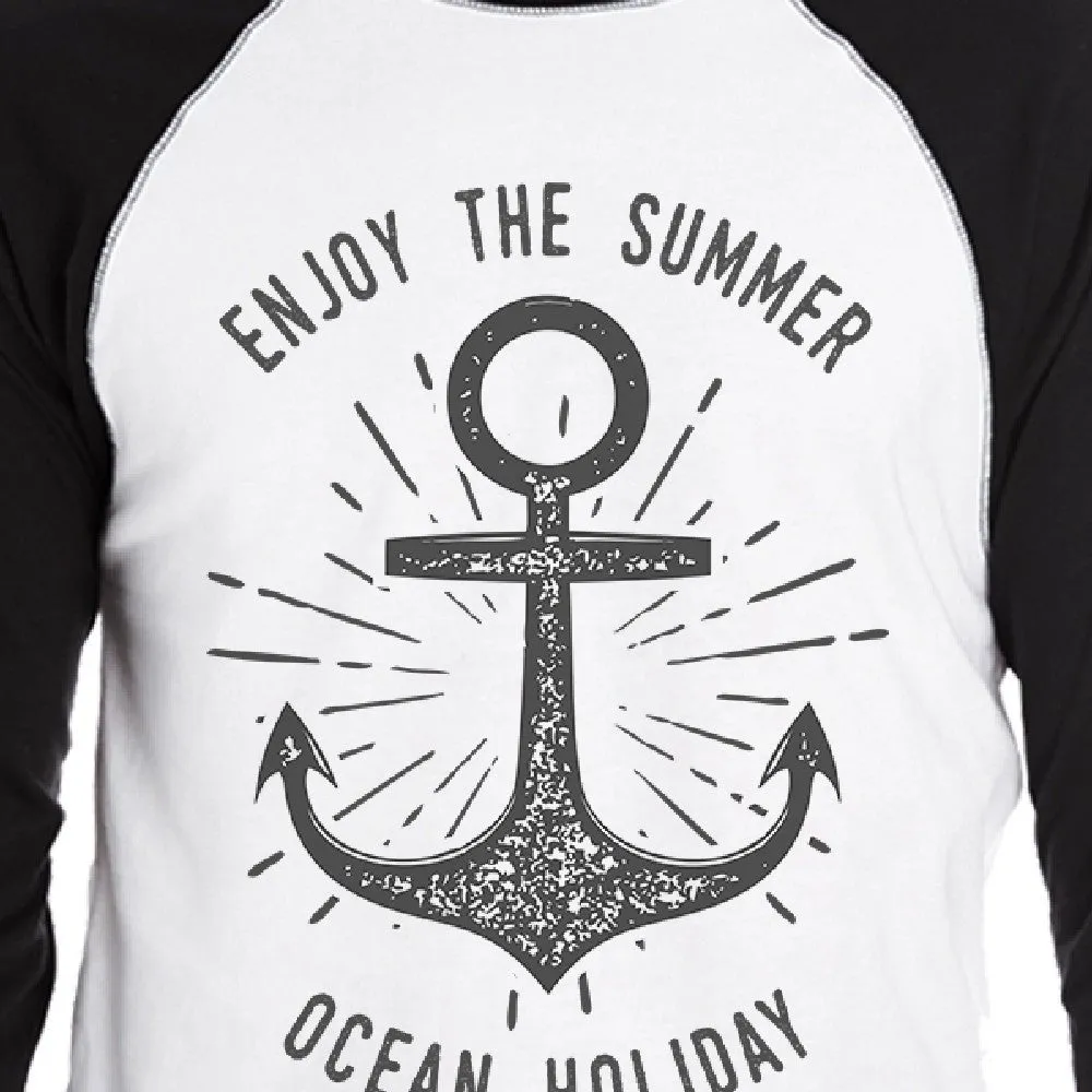 Enjoy The Summer Ocean Holiday Mens Black And White Baseball Shirt