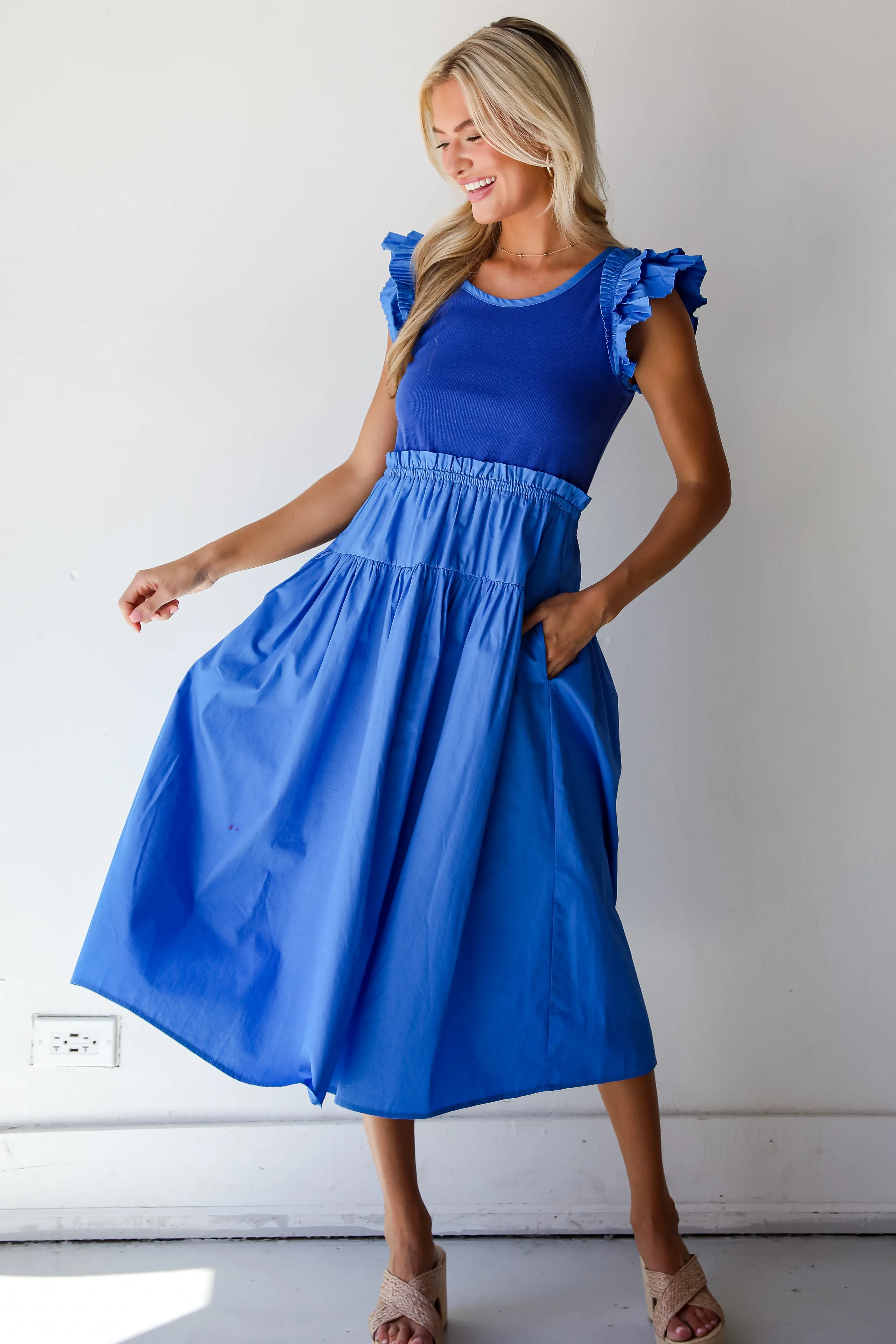 FINAL SALE - Exceedingly Dreamy Blue Contrast Ruffle Midi Dress