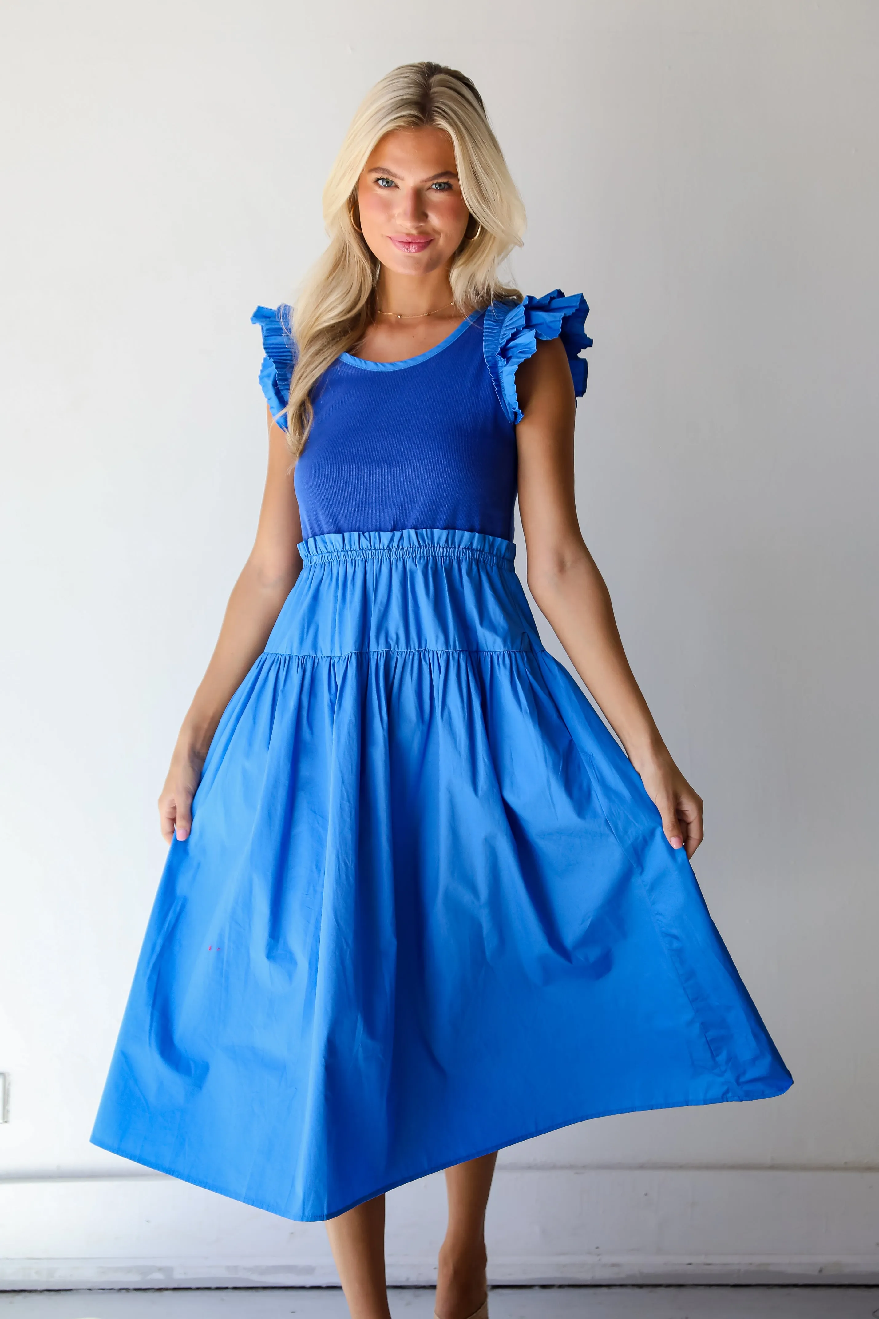 FINAL SALE - Exceedingly Dreamy Blue Contrast Ruffle Midi Dress