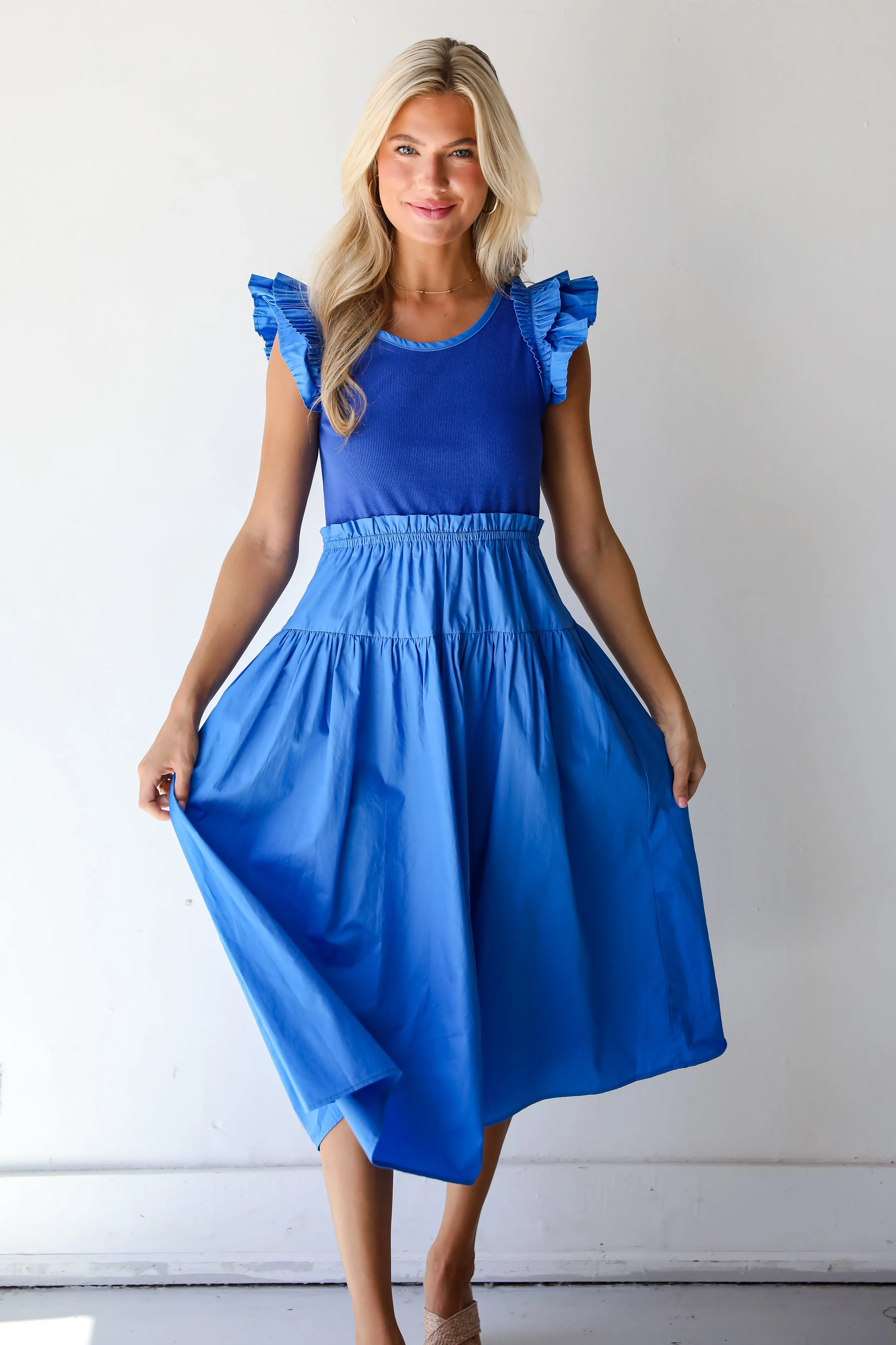 FINAL SALE - Exceedingly Dreamy Blue Contrast Ruffle Midi Dress