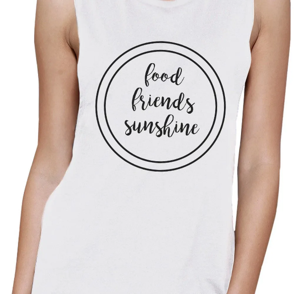 Food Friends Sunshine Womens White Graphic Muscle Top Round Neck