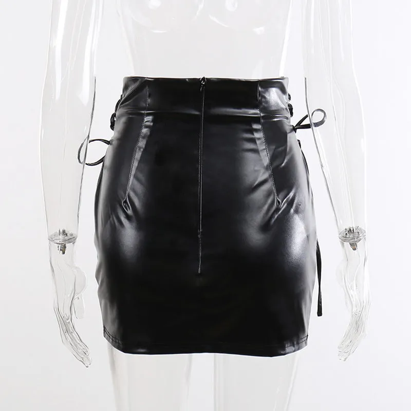 High Waist Lace Up PU Leather Skirt