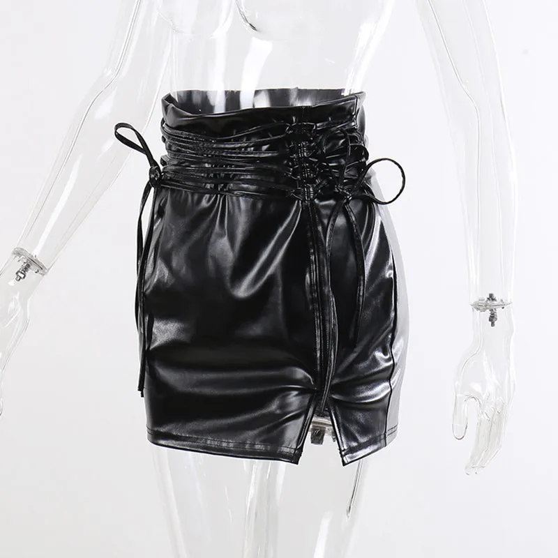 High Waist Lace Up PU Leather Skirt