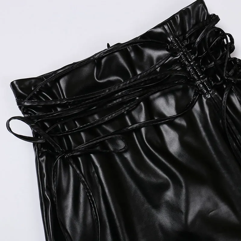 High Waist Lace Up PU Leather Skirt