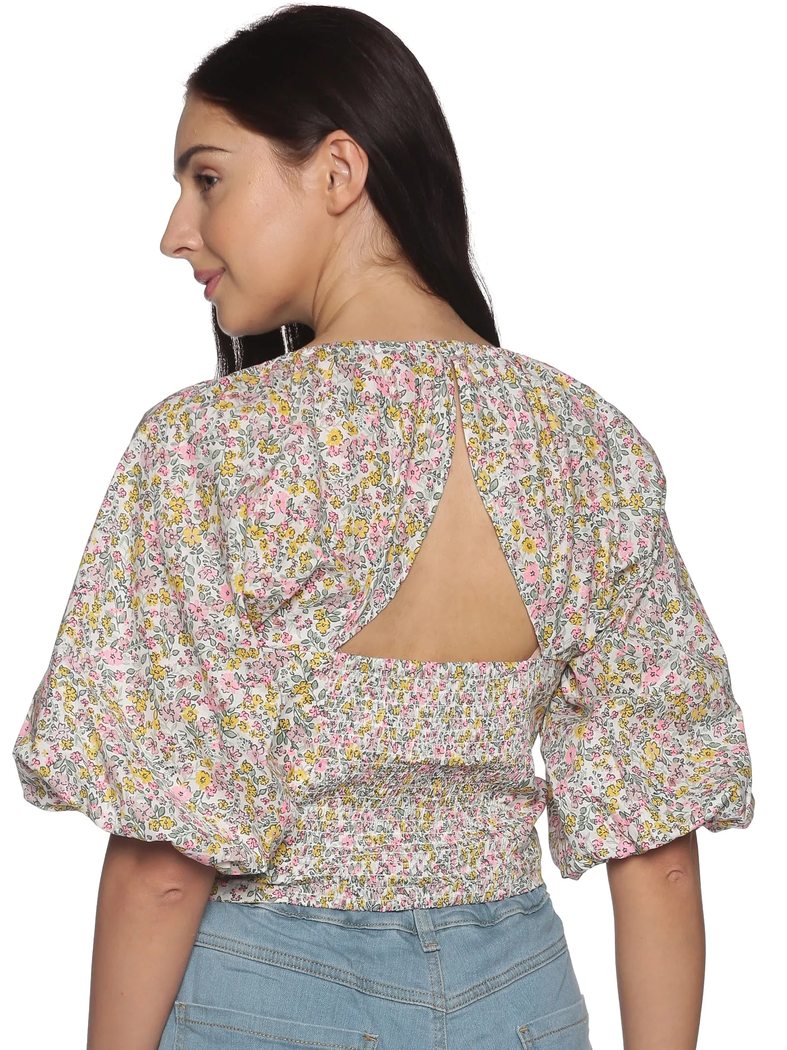 IS.U Multicolor Floral Puff Sleeve Smocked Crop Top