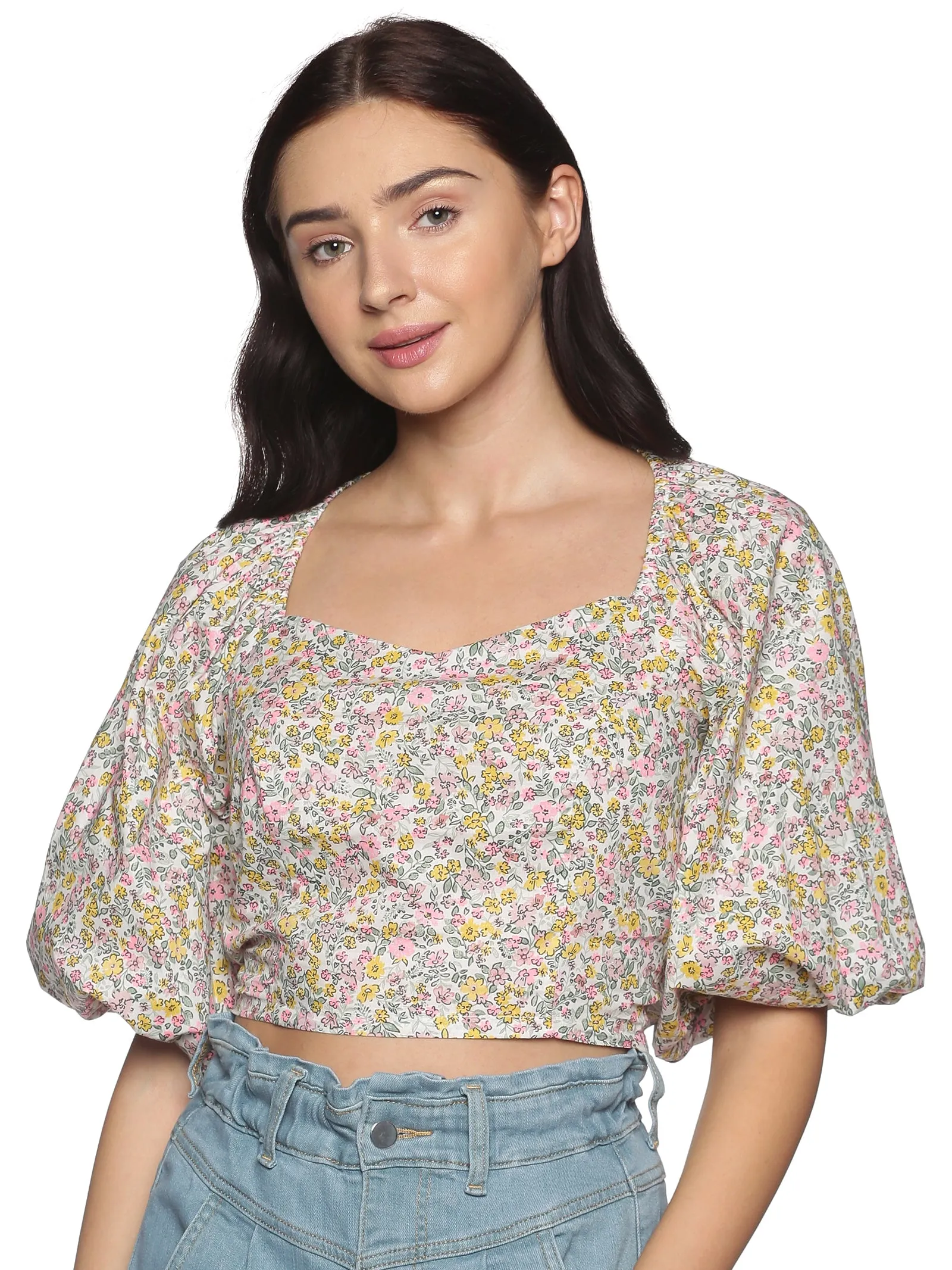 IS.U Multicolor Floral Puff Sleeve Smocked Crop Top