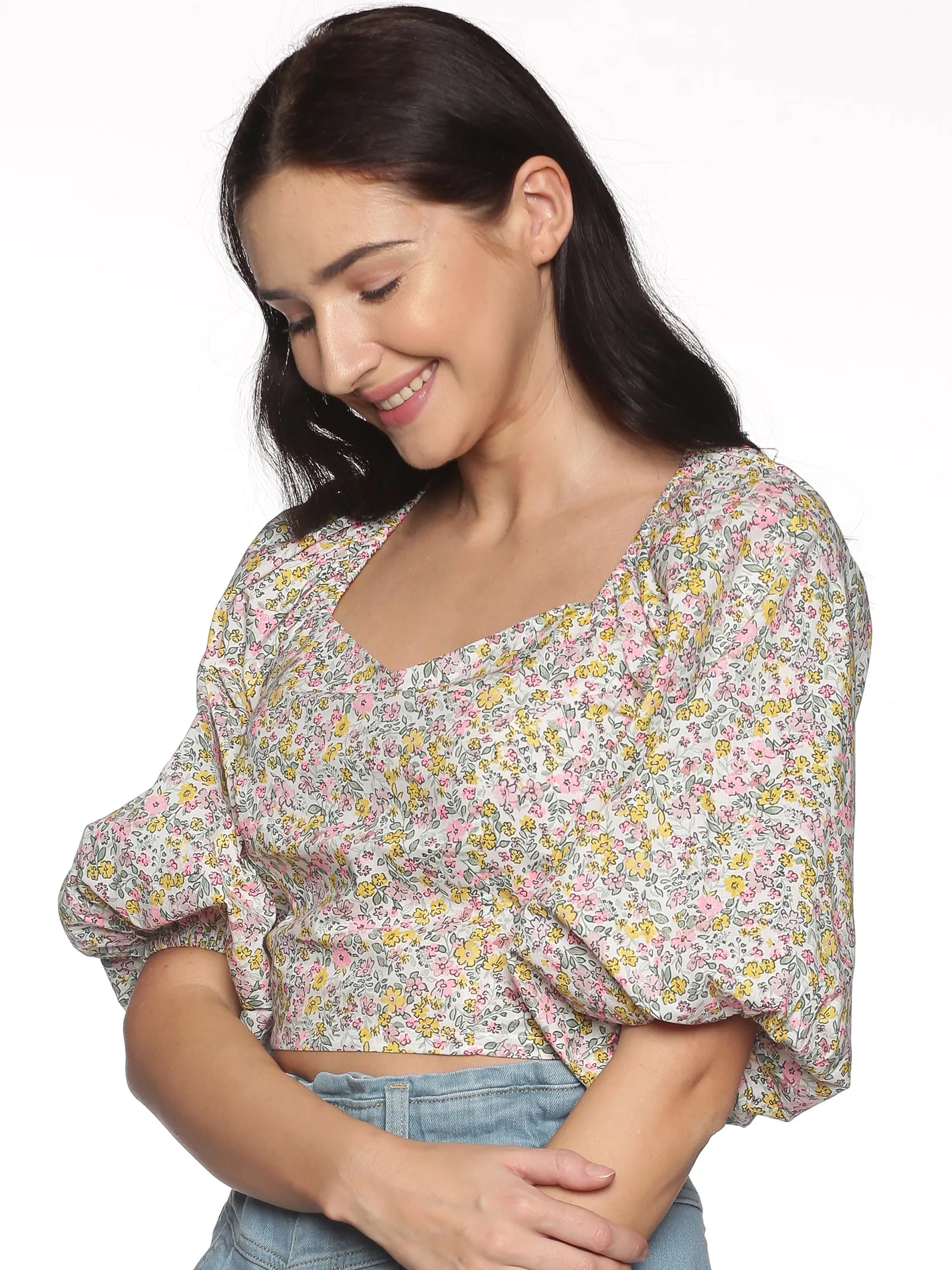 IS.U Multicolor Floral Puff Sleeve Smocked Crop Top