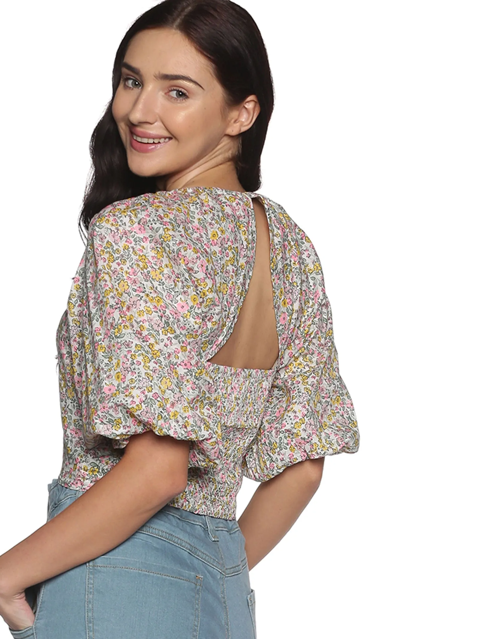 IS.U Multicolor Floral Puff Sleeve Smocked Crop Top