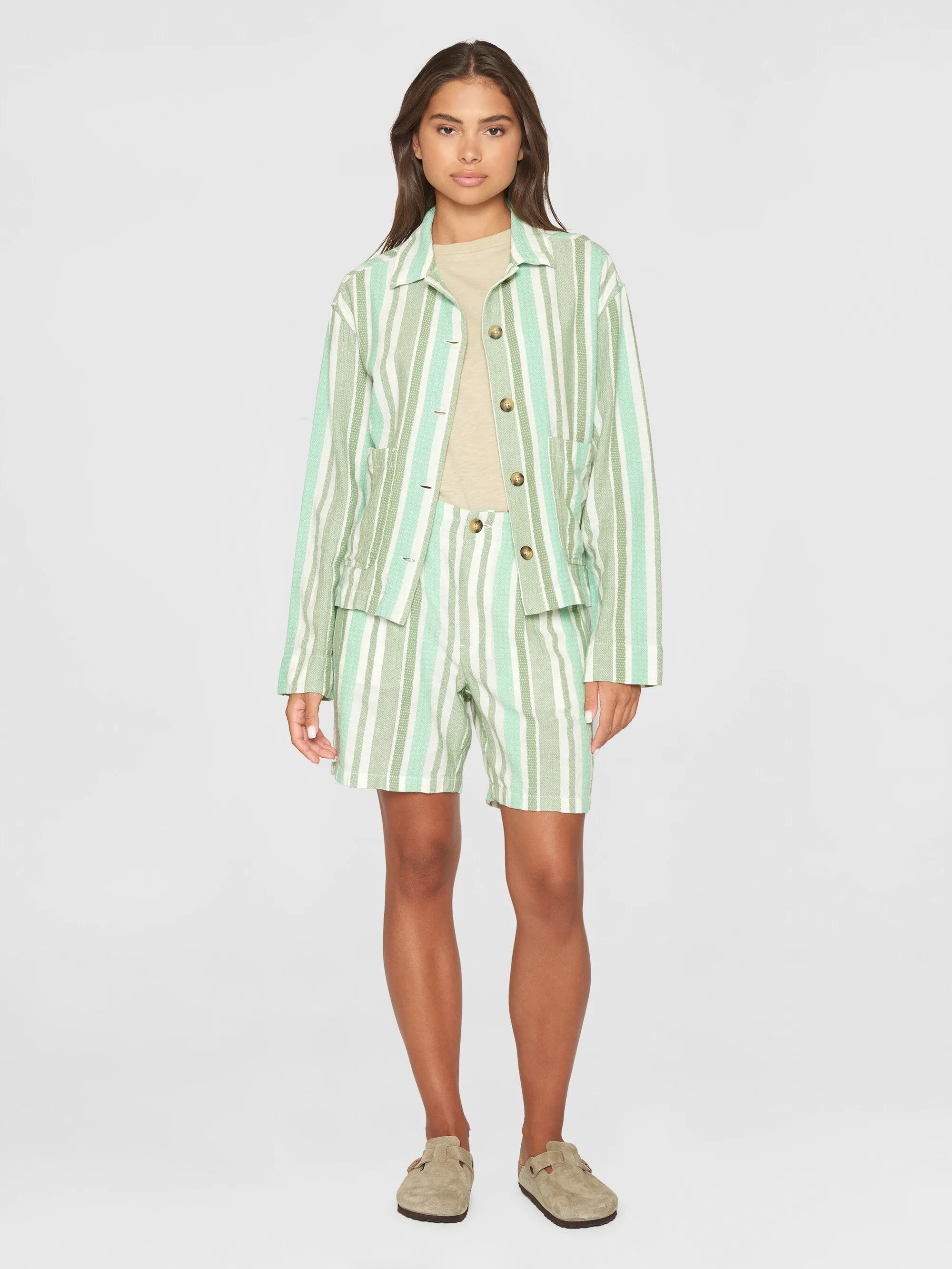 Jacquard woven stripe regular overshirt - GOTS/Vegan - Green stripe