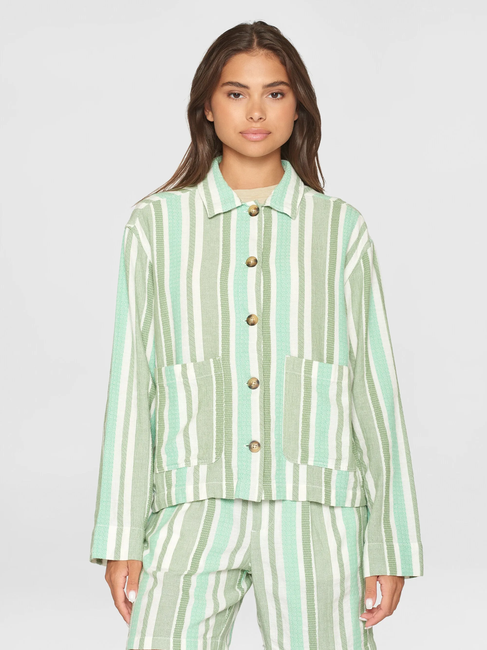 Jacquard woven stripe regular overshirt - GOTS/Vegan - Green stripe