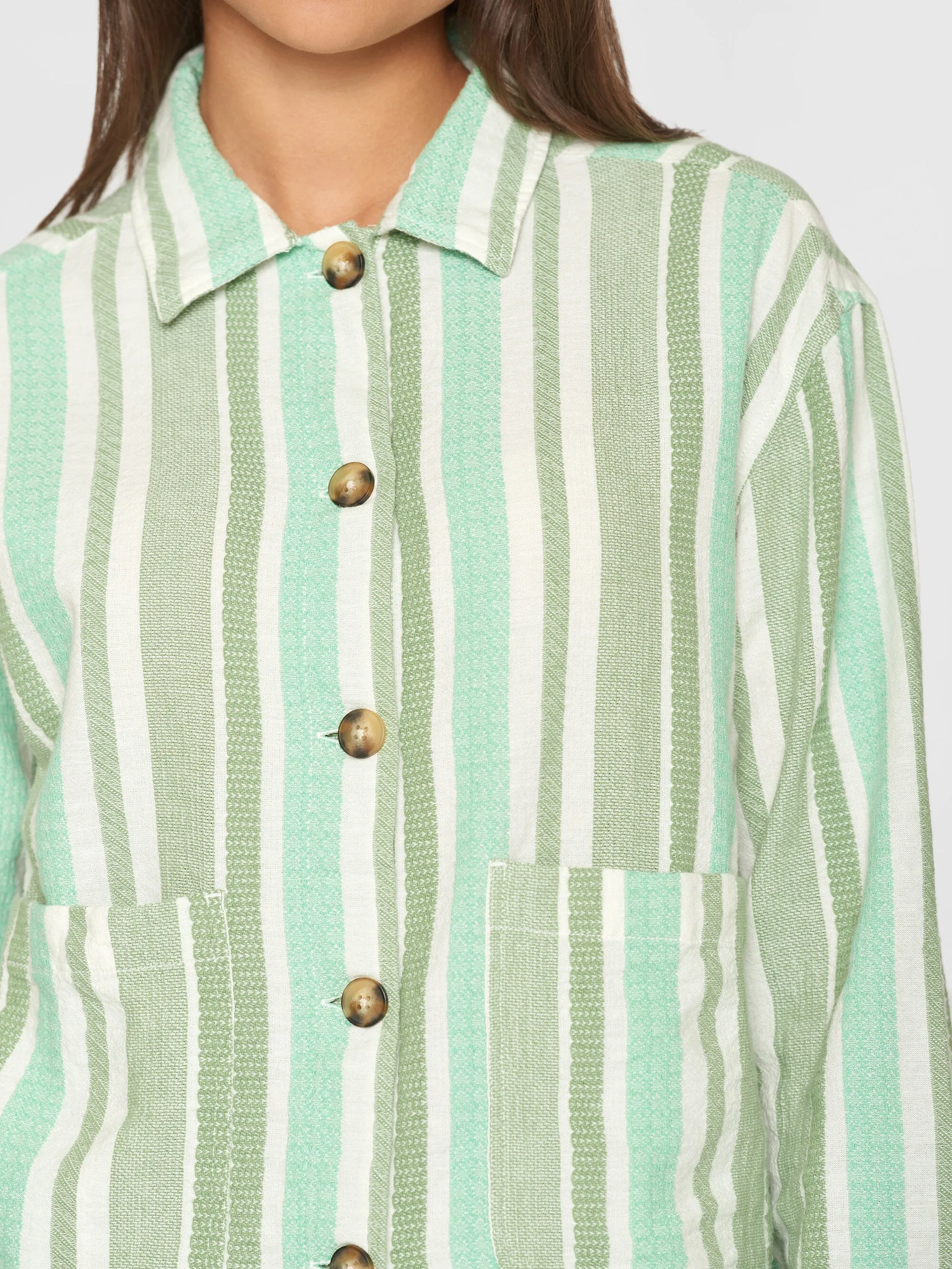 Jacquard woven stripe regular overshirt - GOTS/Vegan - Green stripe