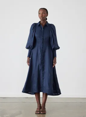 Martina Linen Embroidery Midi Shirt Dress | Navy