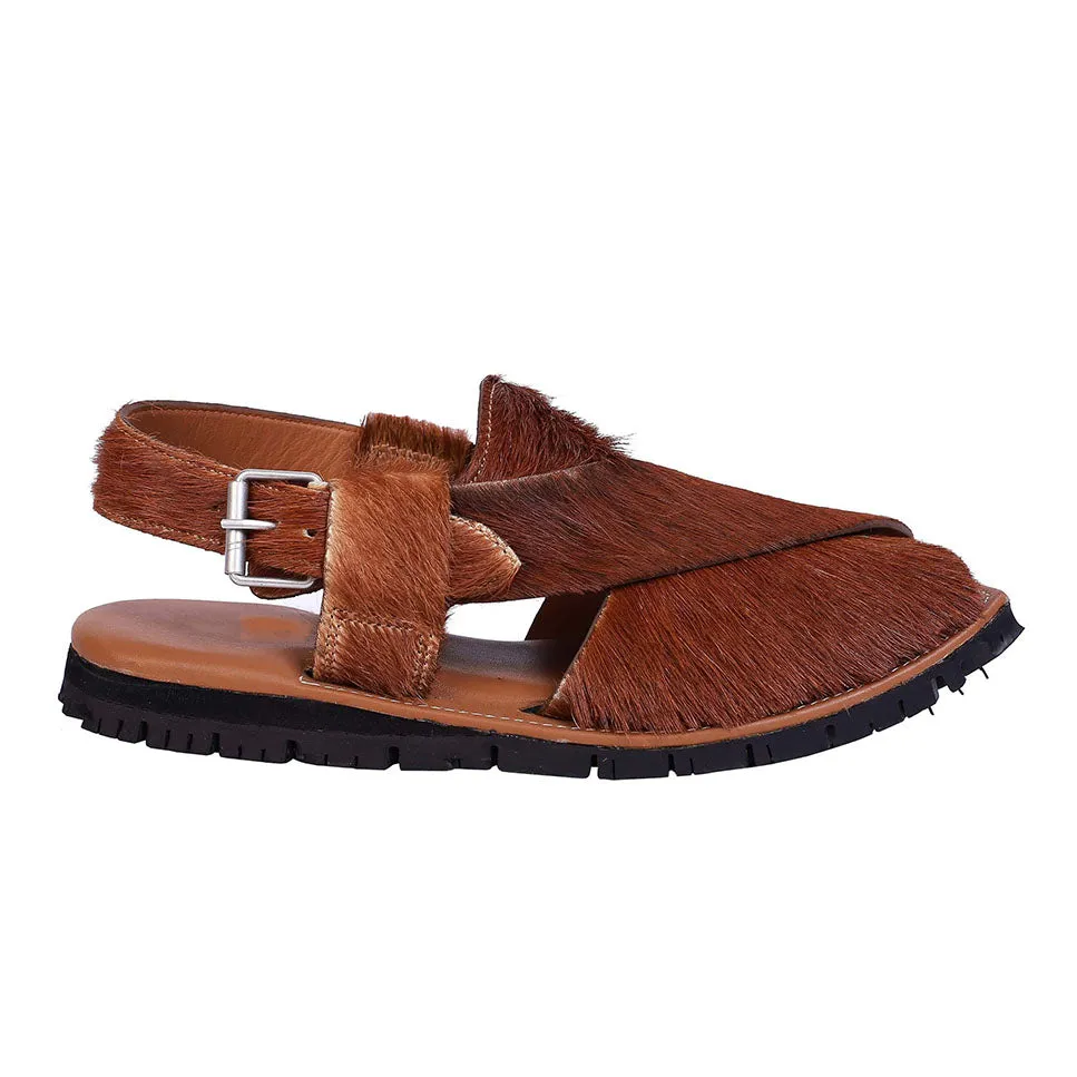 Mikaal Natural Mens Cow Hair On Rugged Leather Sandals Peshawari Chappal