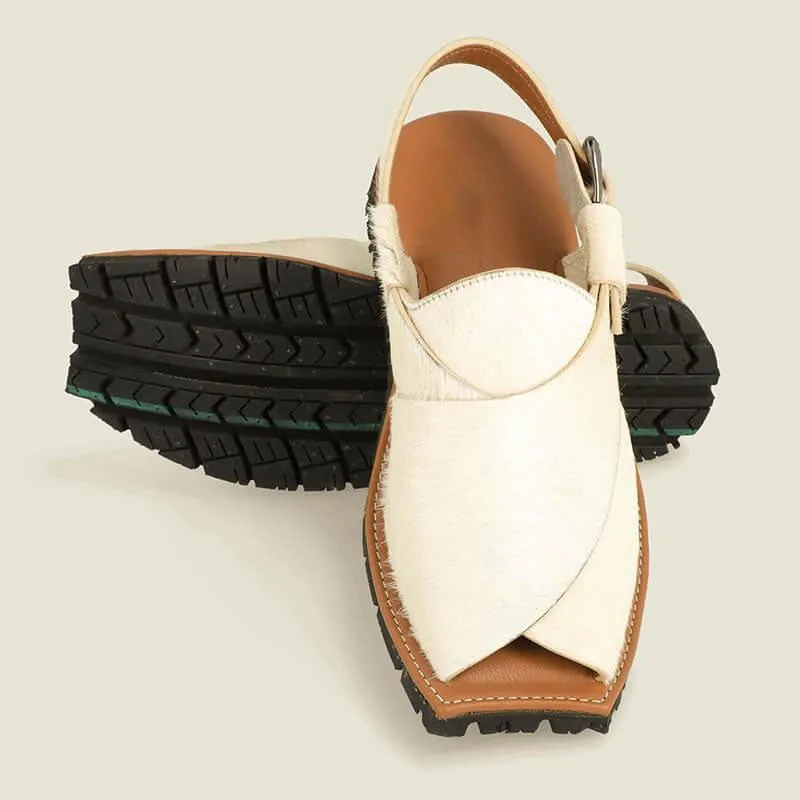 Mikaal Natural Mens Cow Hair On Rugged Leather Sandals Peshawari Chappal