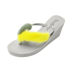 Mink Fur Yellow & Olive - Genuine Fur High Wedge Flip Flops Sandals