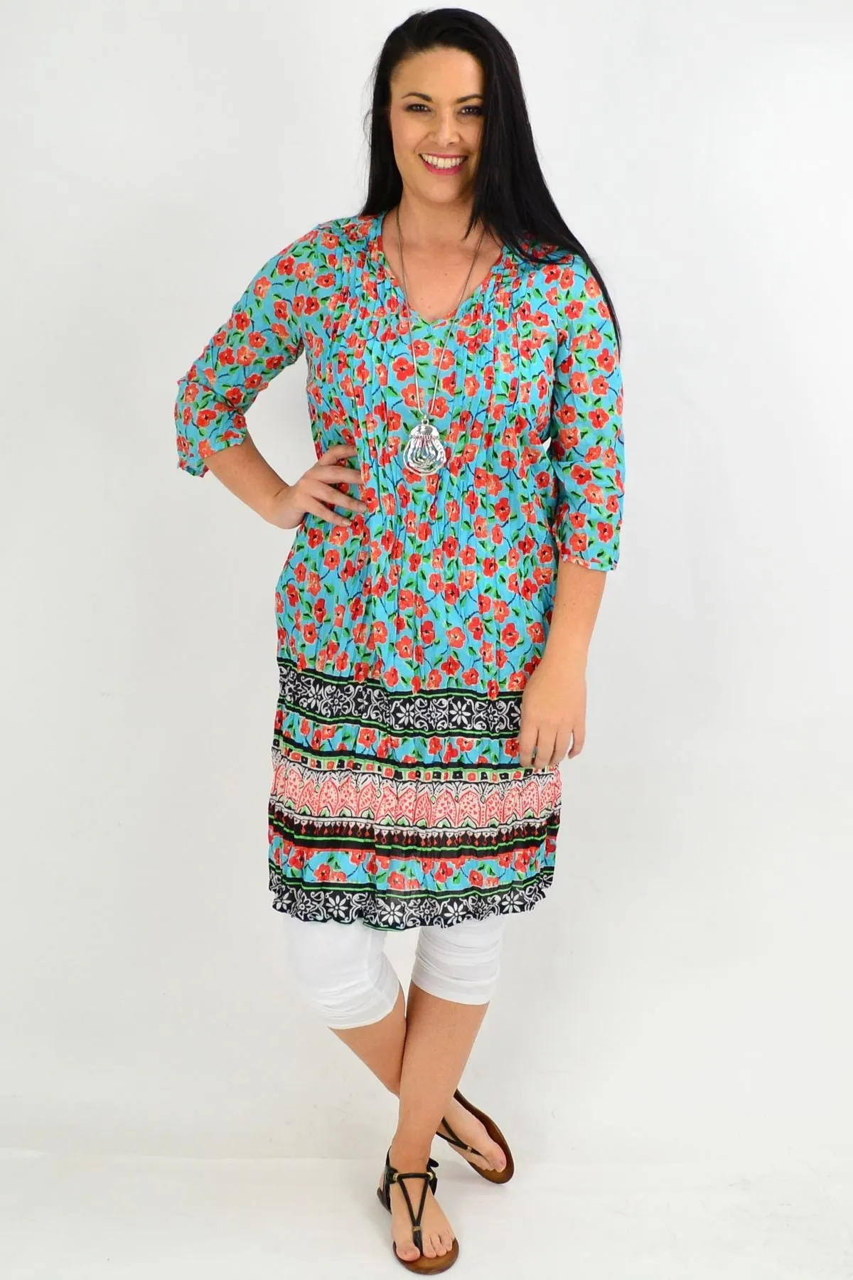 Orange Floral Crinkle One Summer Tunic Dress