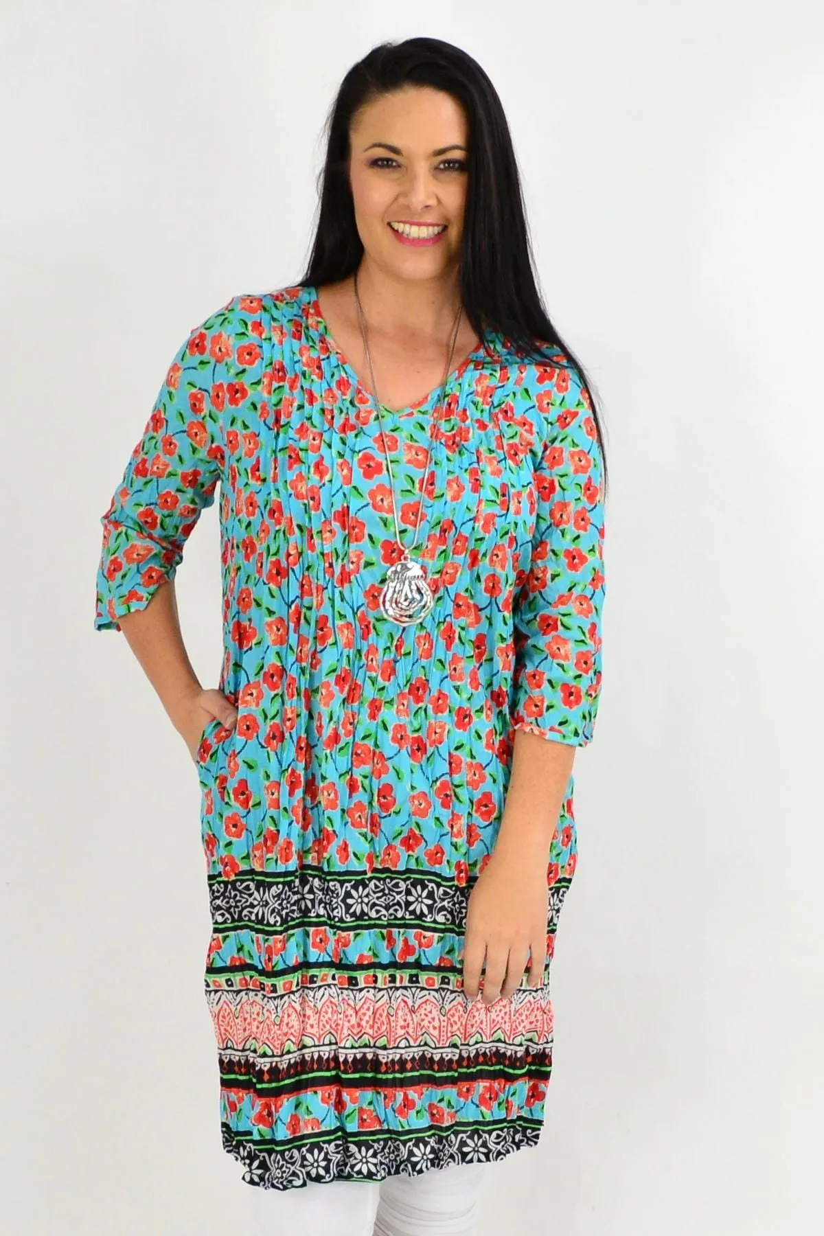 Orange Floral Crinkle One Summer Tunic Dress