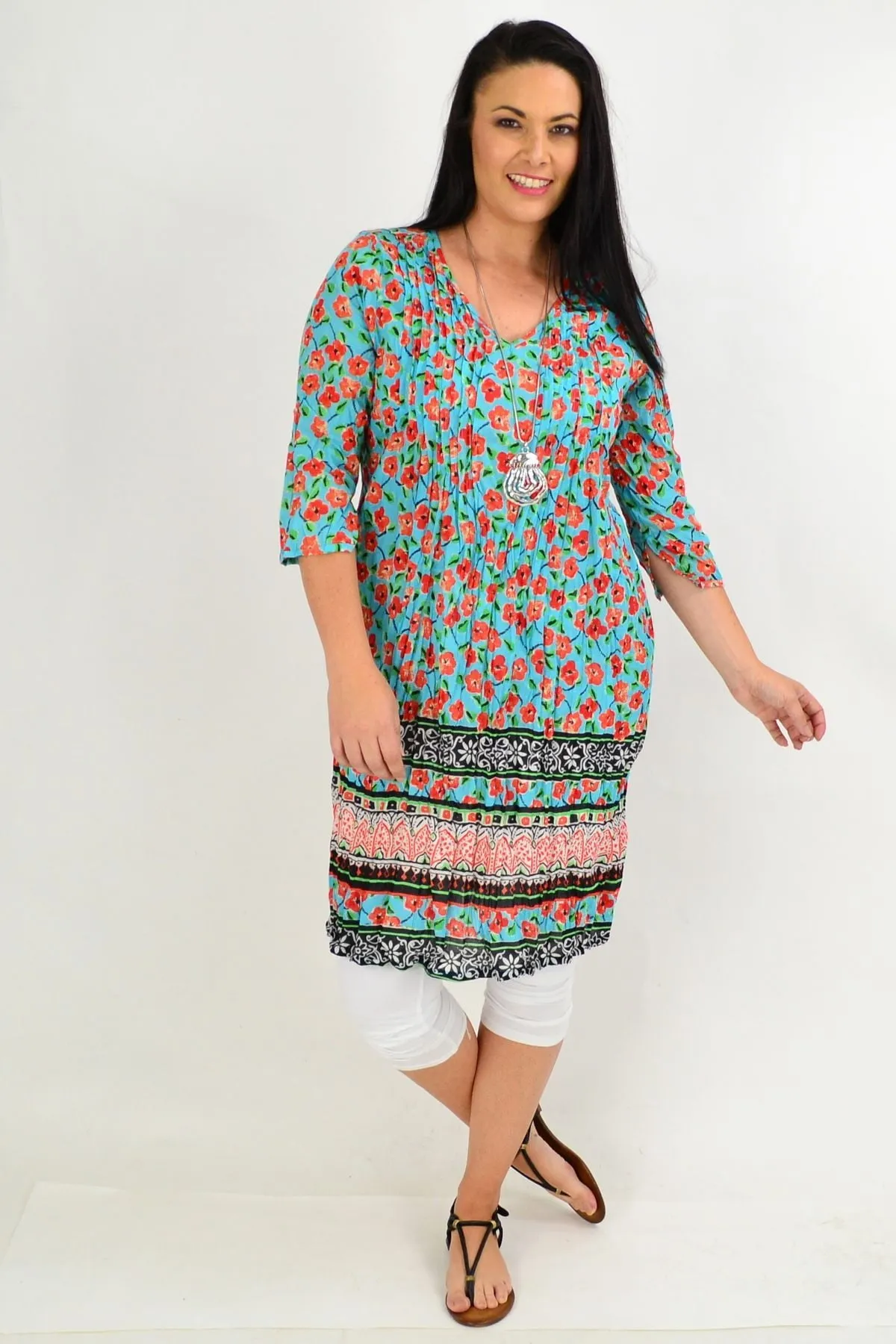 Orange Floral Crinkle One Summer Tunic Dress