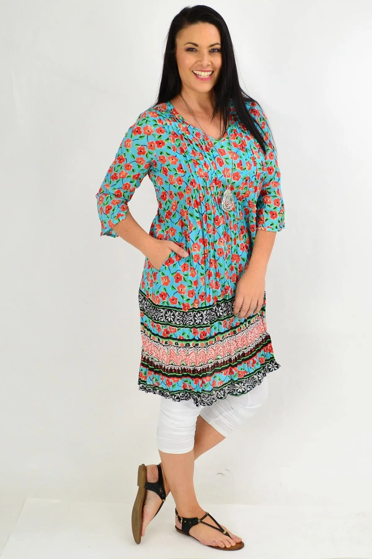 Orange Floral Crinkle One Summer Tunic Dress