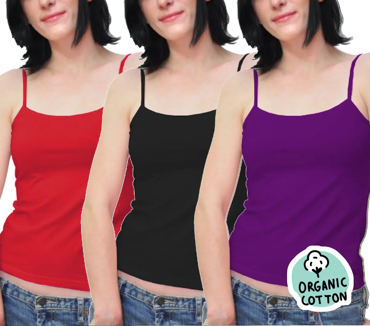 ORGANIC COTTON BASIC CAMISOLE TOP PACK OF 3 (BLACK/PURPLE/RED)