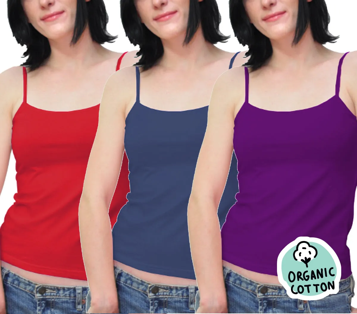 ORGANIC COTTON BASIC CAMISOLE TOP PACK OF 3 (NAVY/PURPLE/RED)