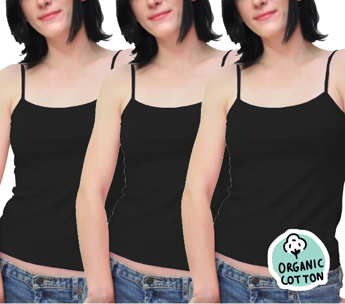 ORGANIC COTTON BASIC CAMISOLE TOP PACK OF 3@BLACK