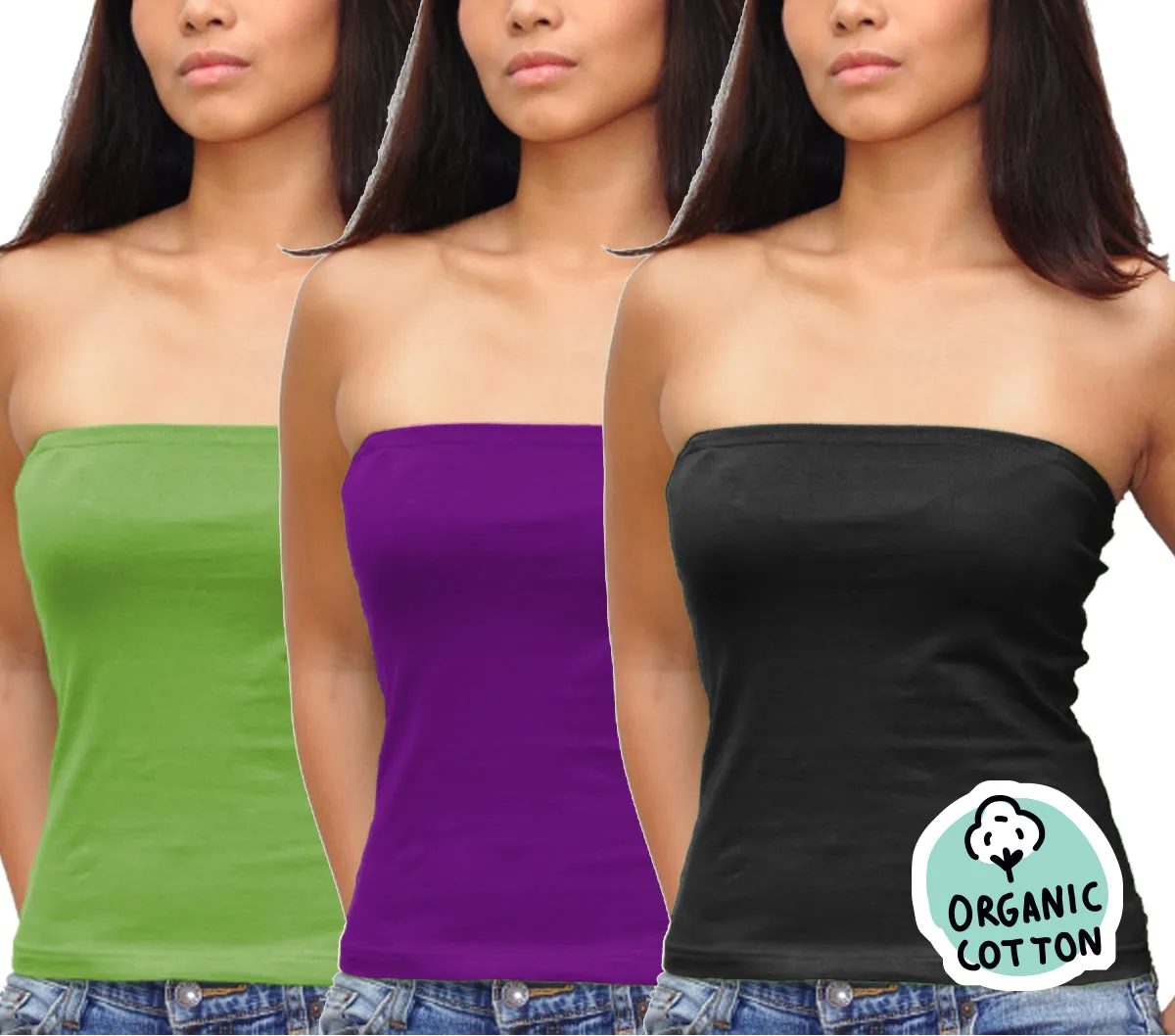 ORGANIC COTTON BASIC LONG TUBE TOP PACK OF 3 (BLACK/PURPLE/GREEN)