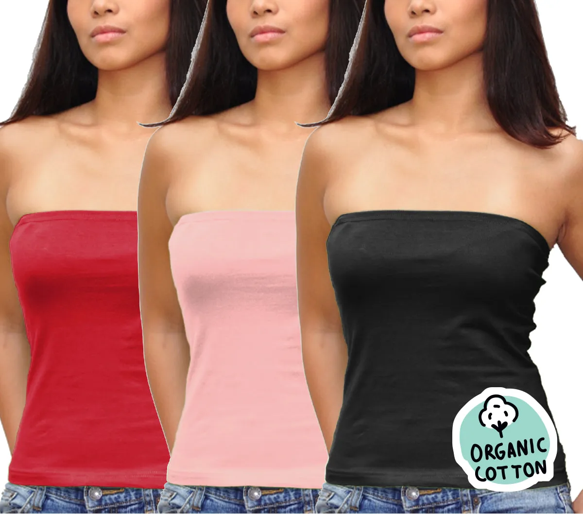 ORGANIC COTTON BASIC LONG TUBE TOP PACK OF 3 (BLACK/RED/PINK)