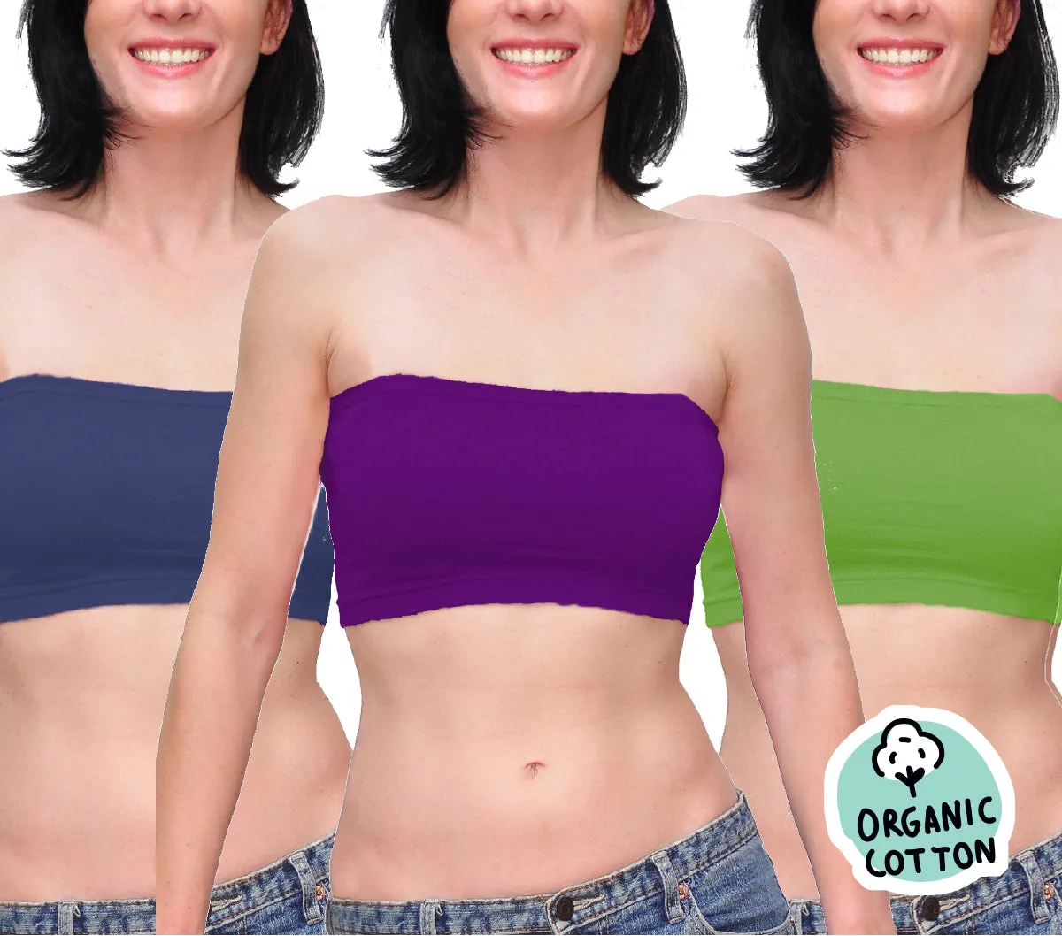 ORGANIC COTTON BASIC SHORT TUBE TOP (PACK OF 3 NAVY/GREEN/PURPLE)