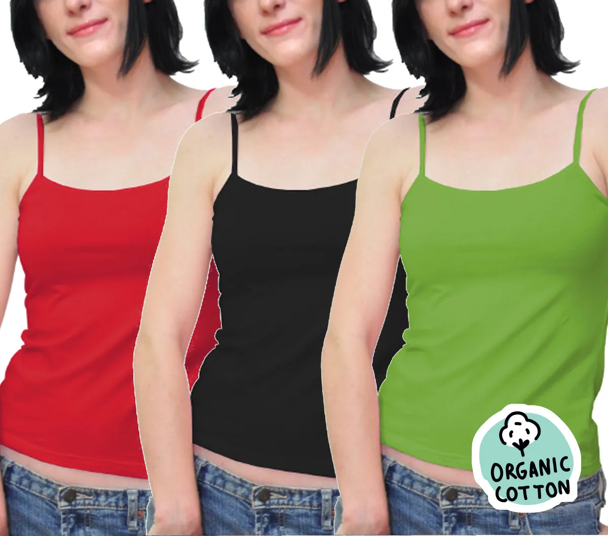 ORGANIC COTTON CAMISOLE TOP PACK OF 3 (RED/GREEN/BLACK)