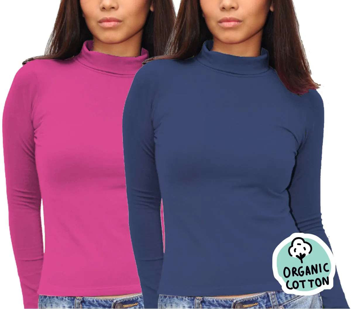 ORGANIC COTTON LONG SLEEVE TURTLE NECK TOP PACK OF 2 (NAVY&FUCHSIA)