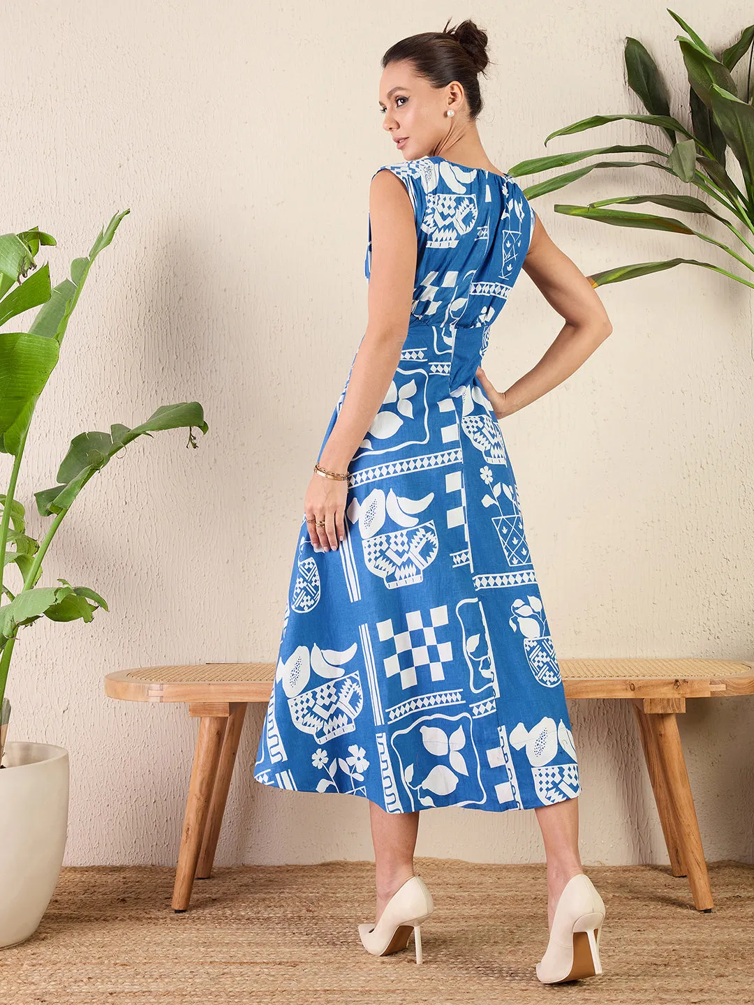 Printed Cotton Poplin Side Cut-Out Midi Dress