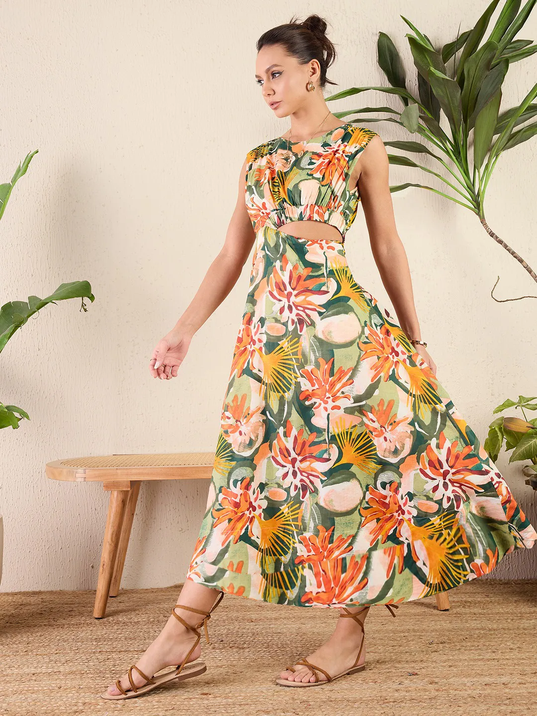 Printed Cotton Poplin Side Cut-Out Midi Dress