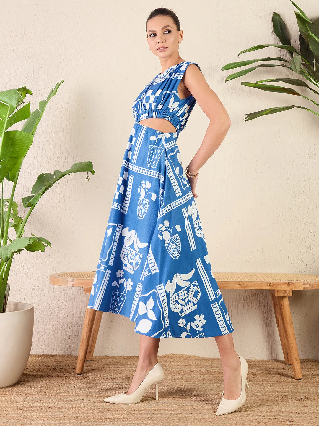 Printed Cotton Poplin Side Cut-Out Midi Dress