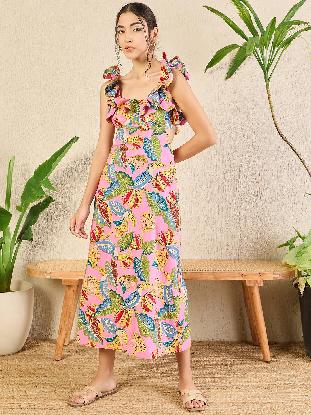 Printed Frilled Scoop Neck Dress