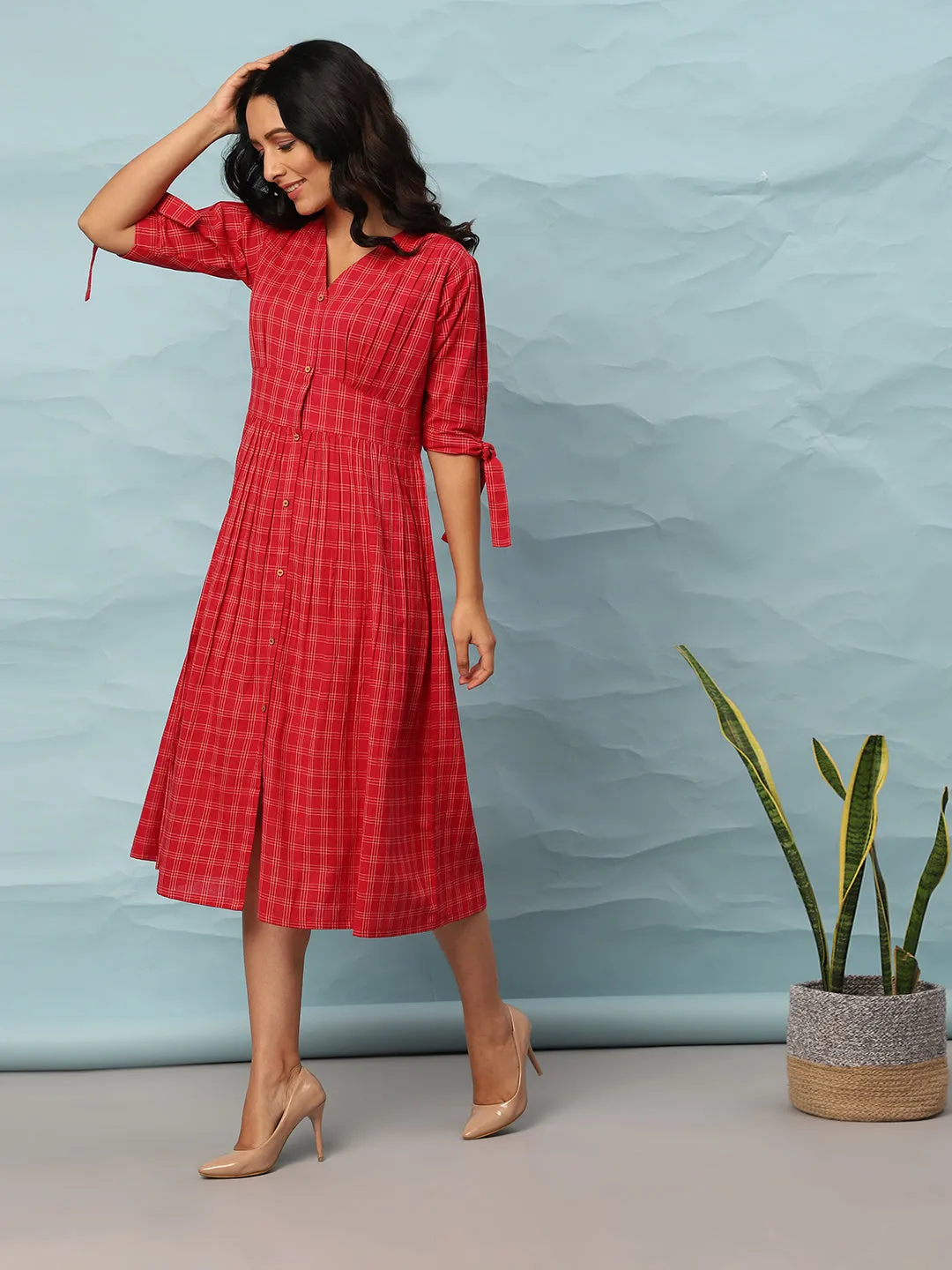 Red Cotton Checkered Flared Western Dress